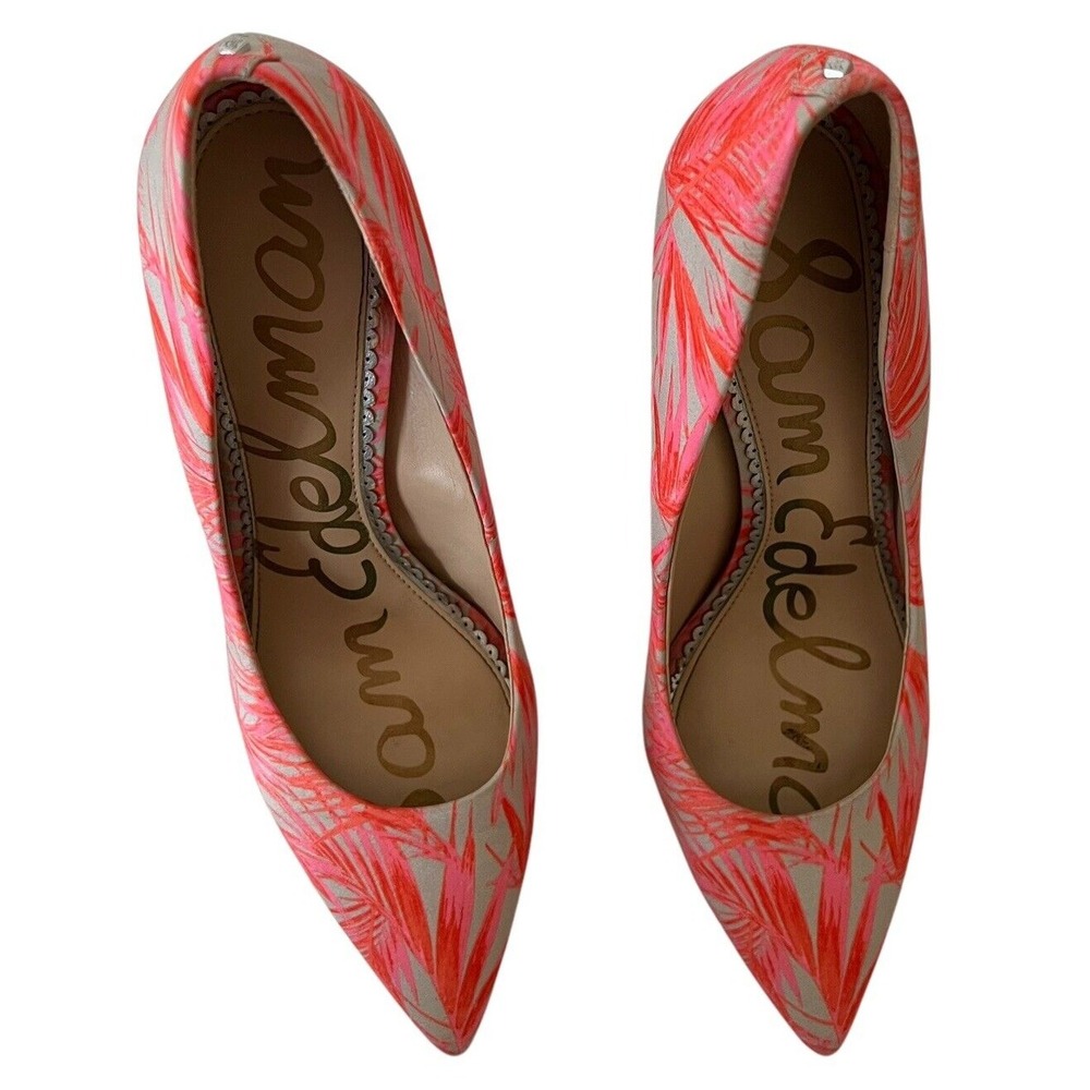 Sam Edelman Shoes Size 7.5 Hazel Pumps Heel Pointed Toe Hot Coral Pink Tropical - Picture 4 of 11